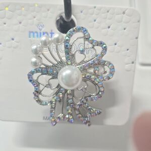 Mint Iridescent Silver and Pearl Brooch With Crystal accents